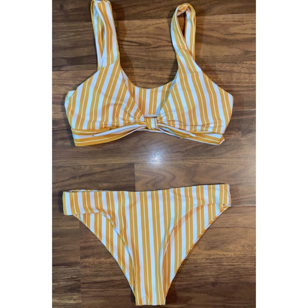 White and Yellow Striped Bikini Set